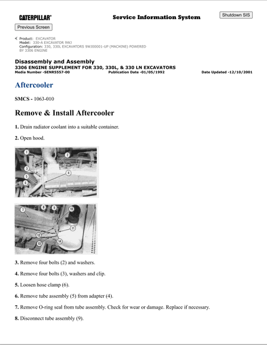 Caterpillar Cat 330-A Excavator Service and Repair Manual PDF | S/N 9W3