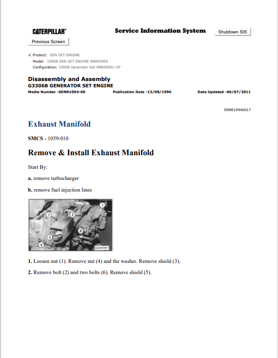Caterpillar Cat 3306B Gen Set Engine Service And Repair Manual PDF | S/N 9NR05959