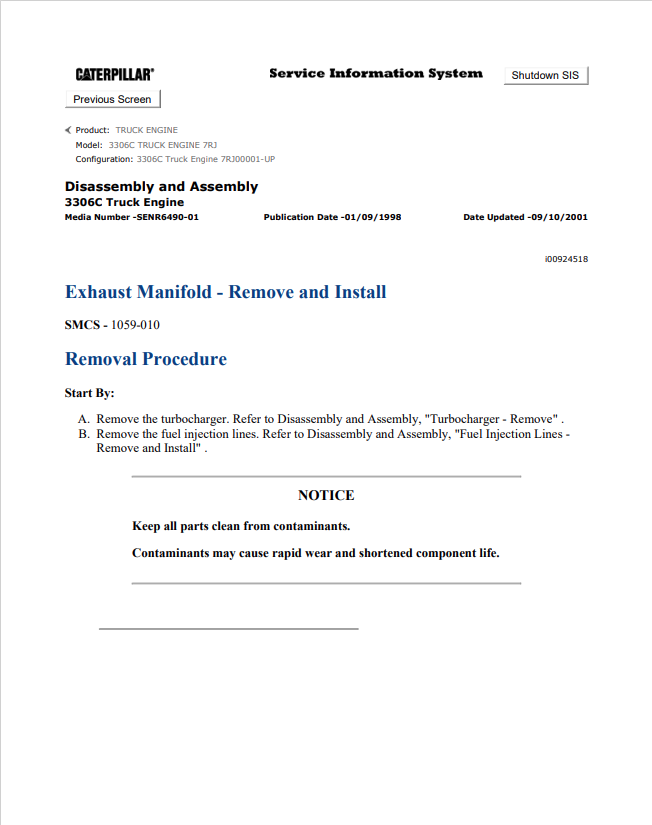 Caterpillar Cat 3306C Truck Engine Service and Repair Manual PDF | S/N 7RJ