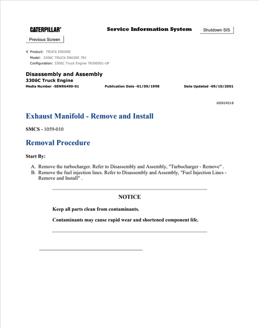 Caterpillar Cat 3306C Truck Engine Service and Repair Manual PDF | S/N 7RJ