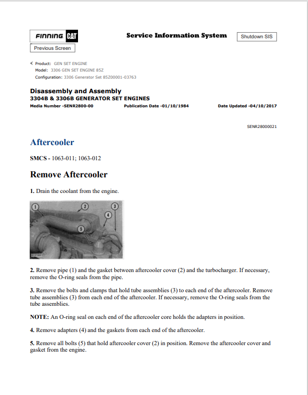 Caterpillar Cat 3306 Gen Set Engine Service And Repair Manual PDF | S/N 85Z