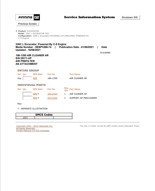 Caterpillar Cat 330C L Excavator Parts Catalogue Manual PDF | S/N DKY