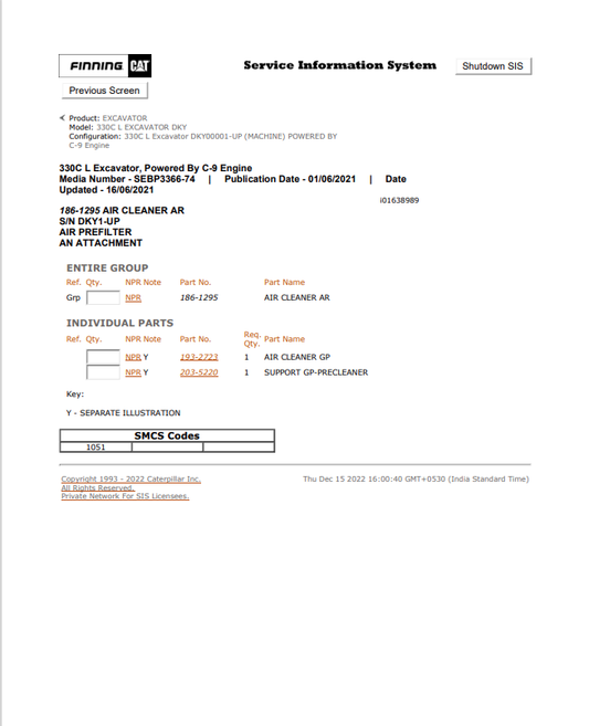 Caterpillar Cat 330C L Excavator Parts Catalogue Manual PDF | S/N DKY