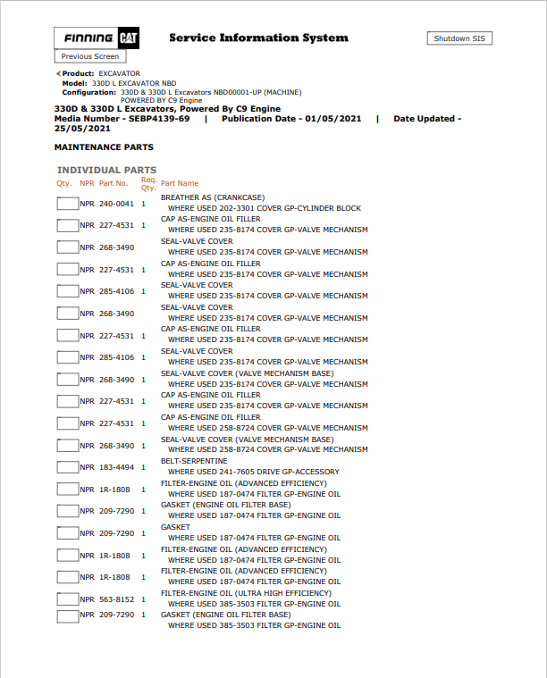 Caterpillar Cat 330D L Excavator Parts Catalogue Manual PDF | S/N NBD