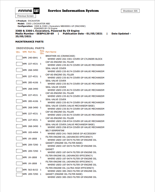 Caterpillar Cat 330D L Excavator Parts Catalogue Manual PDF | S/N NBD