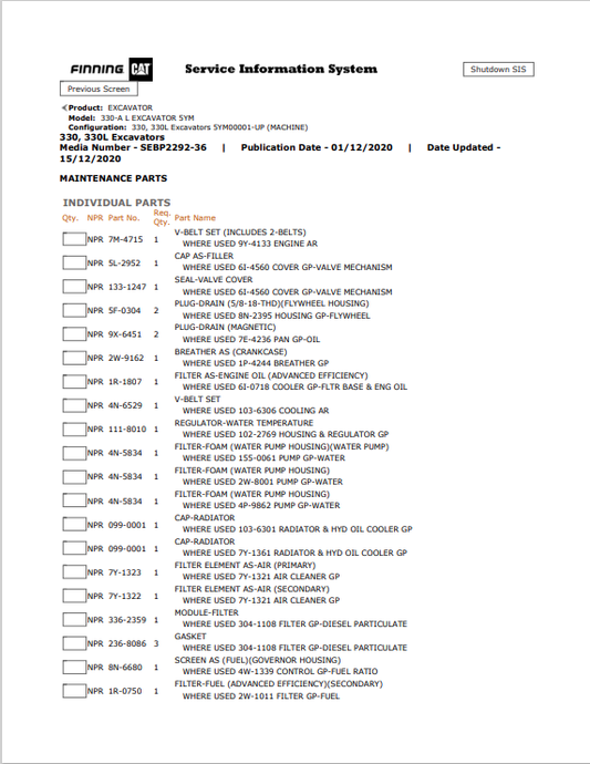Caterpillar Cat 330, 330 L Excavator Parts Catalogue Manual PDF | S/N 5YM