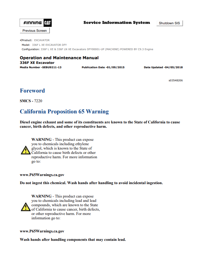 Caterpillar Cat 336F L XE Excavator Operation and Maintenance Manual PDF | S/N DFY