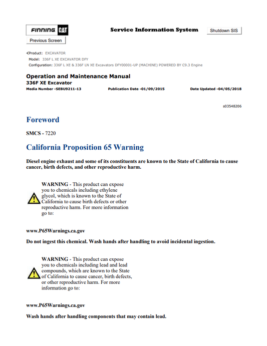 Caterpillar Cat 336F L XE Excavator Operation and Maintenance Manual PDF | S/N DFY