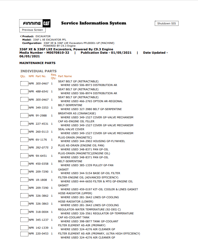 Caterpillar Cat 336F L XE Excavator Parts Catalogue Manual PDF | S/N PFL