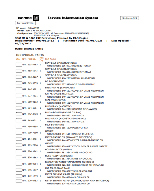 Caterpillar Cat 336F L XE Excavator Parts Catalogue Manual PDF | S/N PFL