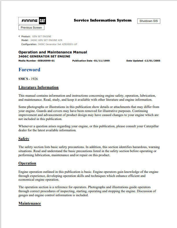Caterpillar Cat 3406C Gen Set Engine Operation and Maintenance Manual PDF | S/N 4ZR