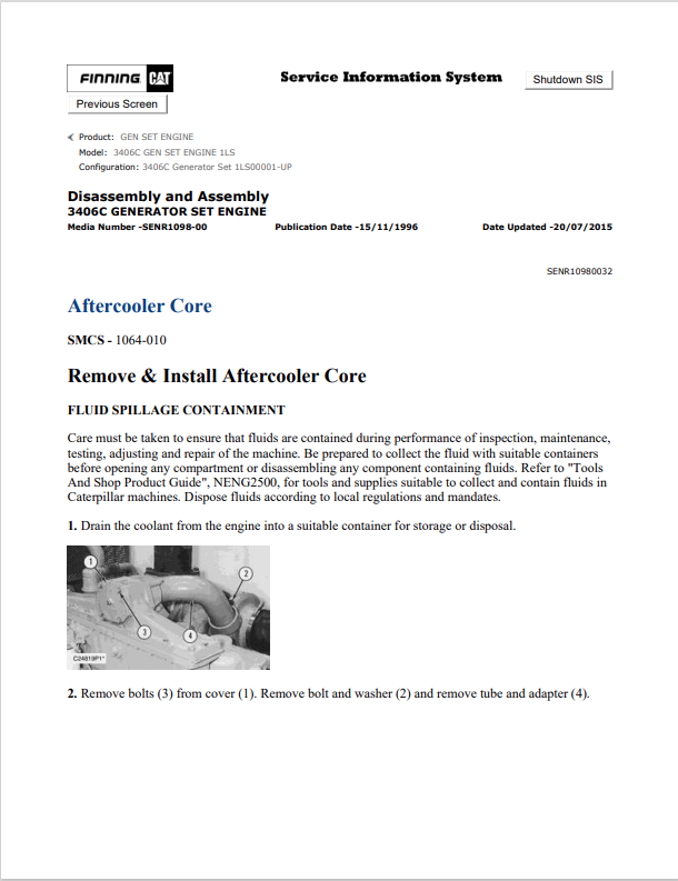 Caterpillar Cat 3406C Gen Set Engine Service and Repair Manual PDF | S/N 1LS