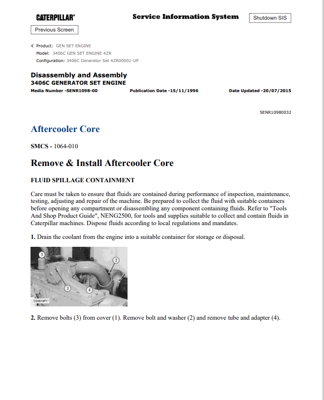 Caterpillar Cat 3406C Generator Set Engine Service and Repair Manual PDF | S/N 4ZR