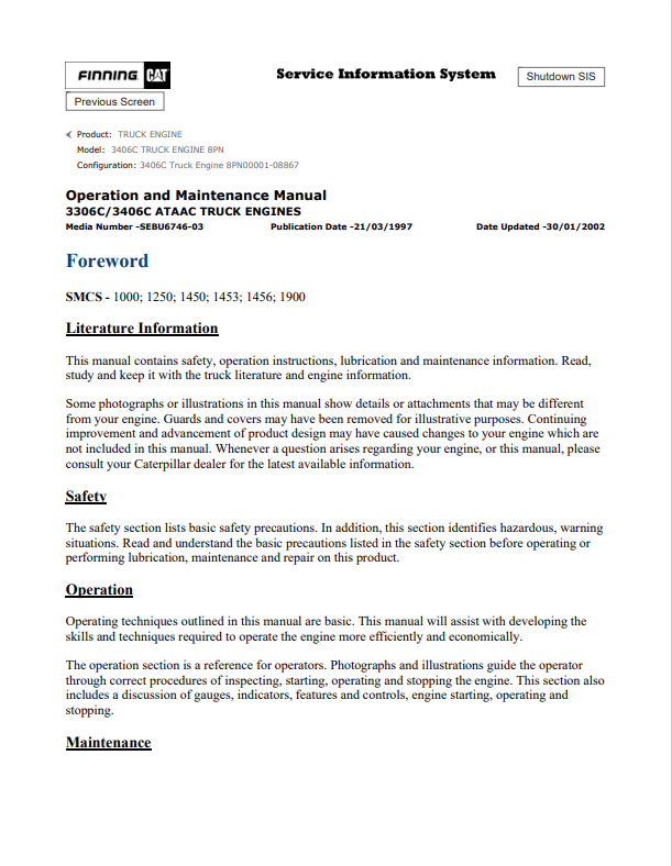 Caterpillar Cat 3406C Truck Engine Operation and Maintenance Manual PDF | S/N 8PN