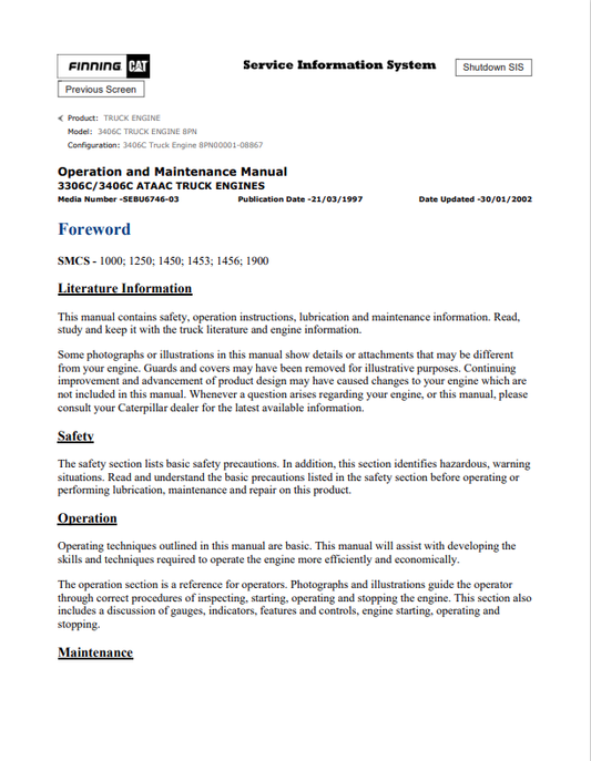 Caterpillar Cat 3406C Truck Engine Operation and Maintenance Manual PDF | S/N 8PN