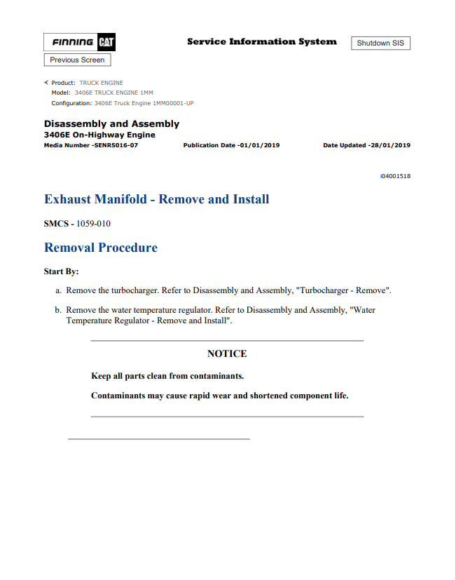 Caterpillar Cat 3406E Truck Engine Service and Repair Manual PDF | S/N 1MM