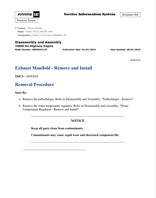 Caterpillar Cat 3406E Truck Engine Service and Repair Manual PDF | S/N 1MM