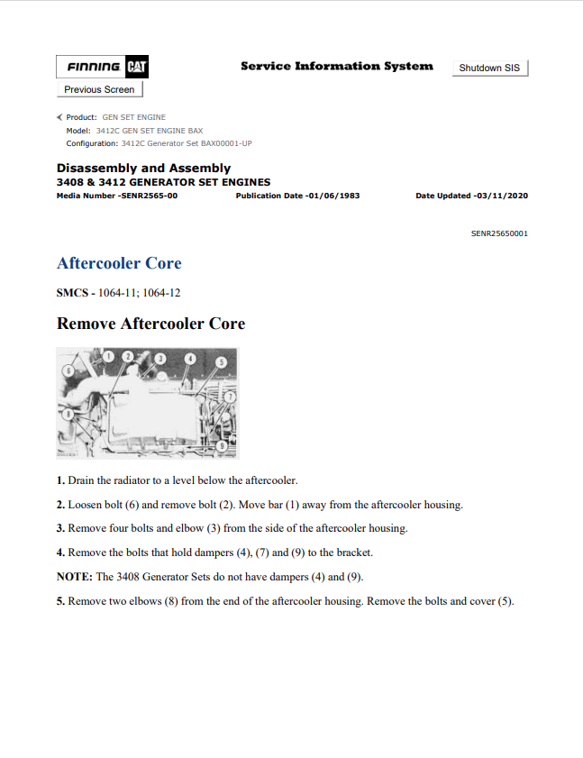 Caterpillar Cat 3412C Gen Set Engine Service and Repair Manual PDF | S/N BAX