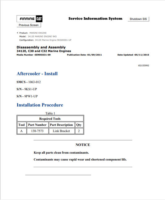 Caterpillar Cat 3412E Marine Engine Service and Repair Manual PDF | S/N 9KS