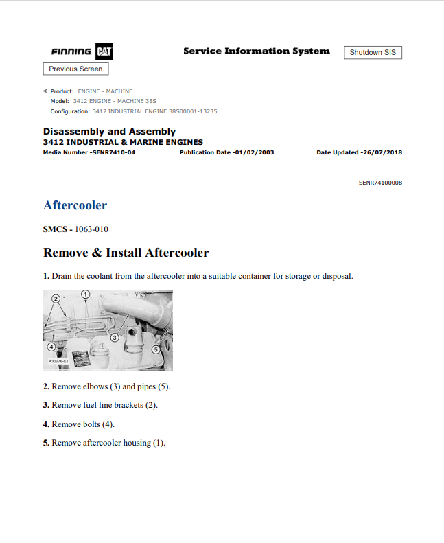 Caterpillar Cat 3412 Engine - Machine Service And Repair Manual PDF | S/N 38S