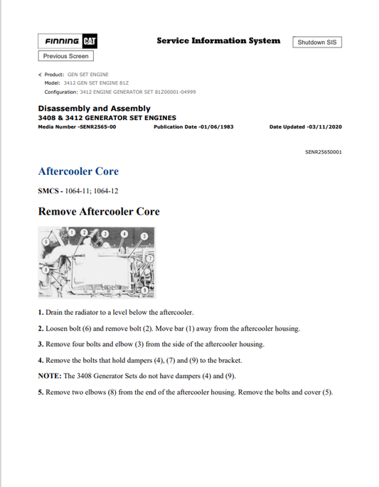 Caterpillar Cat 3412 Gen Set Engine Service and Repair Manual PDF | S/N 81Z