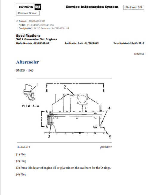 Caterpillar Cat 3412 Generator Set Engine Service and Repair Manual PDF | S/N TGC
