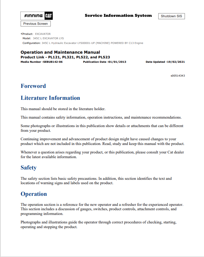 Caterpillar Cat 345C L Excavator Operation and Maintenance Manual PDF | S/N LYS