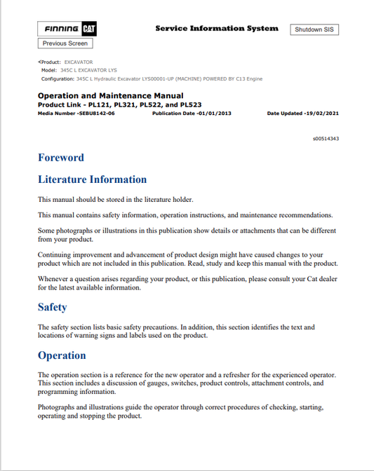 Caterpillar Cat 345C L Excavator Operation and Maintenance Manual PDF | S/N LYS