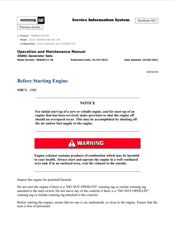 Caterpillar Cat 3512C Generator Set Operation and Maintenance Manual PDF | S/N LYH