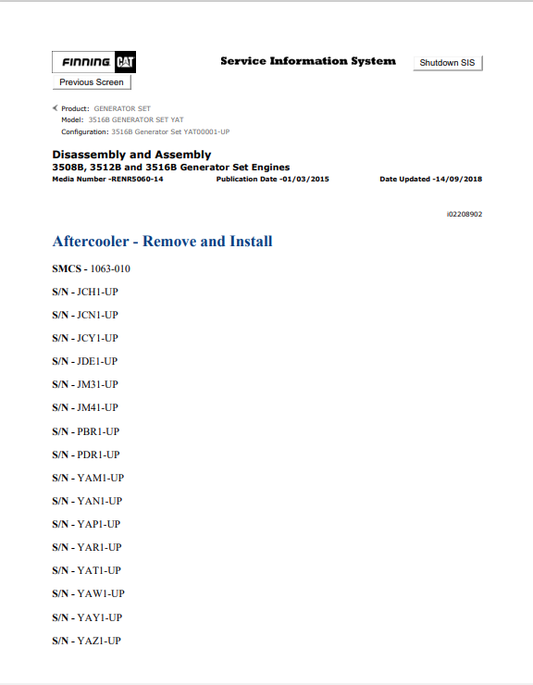 Caterpillar Cat 3516B Generator Set Service and Repair Manual PDF | S/N YAT