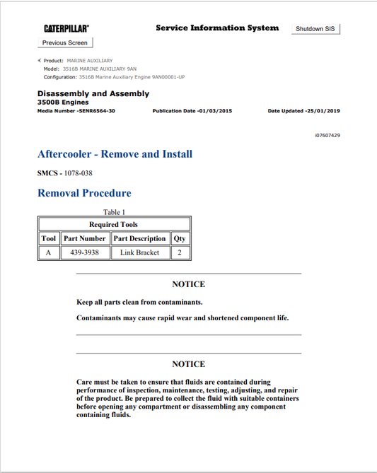 Caterpillar Cat 3516B Marine Auxiliary Service and Repair Manual PDF | S/N 9AN