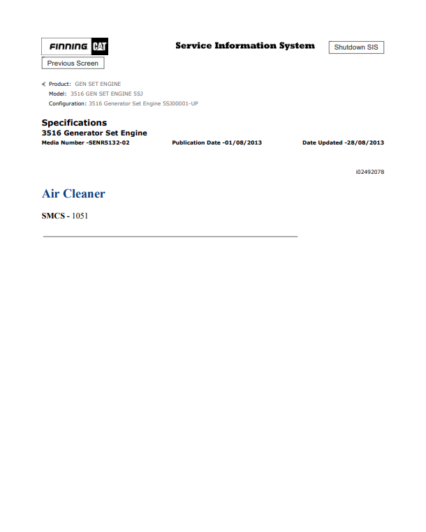 Caterpillar Cat 3516 Gen Set Engine Service and Repair Manual PDF | S/N 5SJ