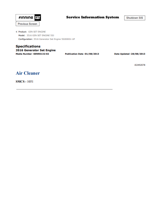 Caterpillar Cat 3516 Gen Set Engine Service and Repair Manual PDF | S/N 5SJ