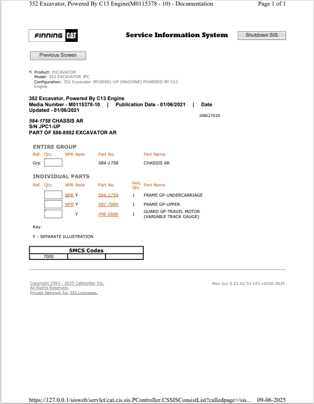 Caterpillar Cat 352 Excavator Parts Catalogue Manual PDF | S/N JPC