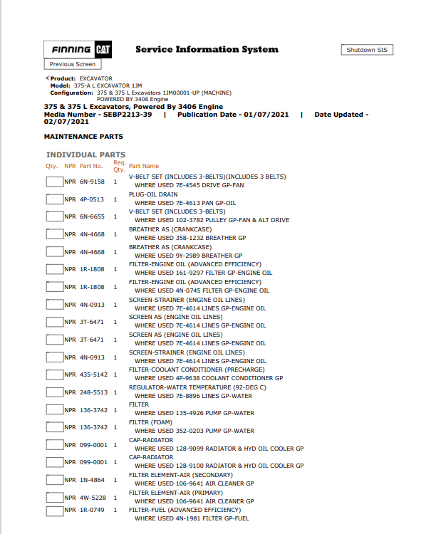 Caterpillar Cat 375-A L Excavator Parts Catalogue Manual PDF | S/N 1JM