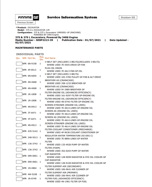 Caterpillar Cat 375-A L Excavator Parts Catalogue Manual PDF | S/N 1JM