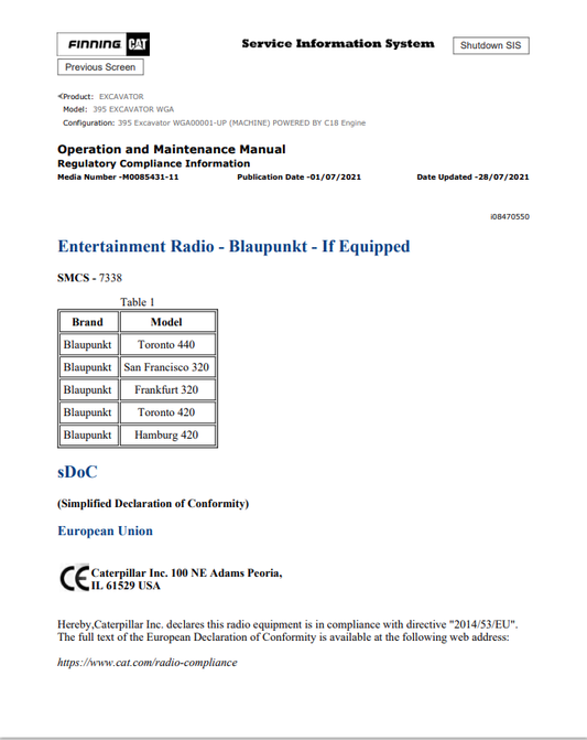 Caterpillar Cat 395 Excavator Operation and Maintenance Manual PDF | S/N WGA