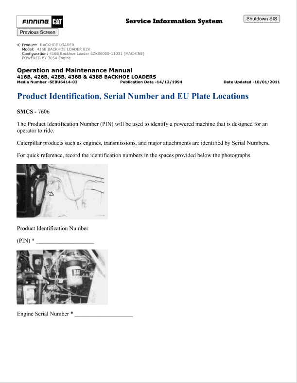 Caterpillar Cat 416B Backhoe Loader Operation and Maintenance Manual PDF | S/N 8ZK
