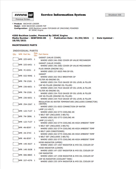 Caterpillar Cat 420D Backhoe Loader Parts Catalogue Manual PDF | S/N FDP