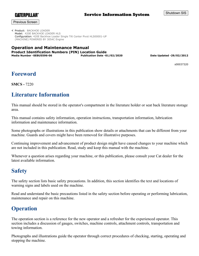 Caterpillar Cat 420E Backhoe Loader Operation and Maintenance Manual PDF | S/N HLS
