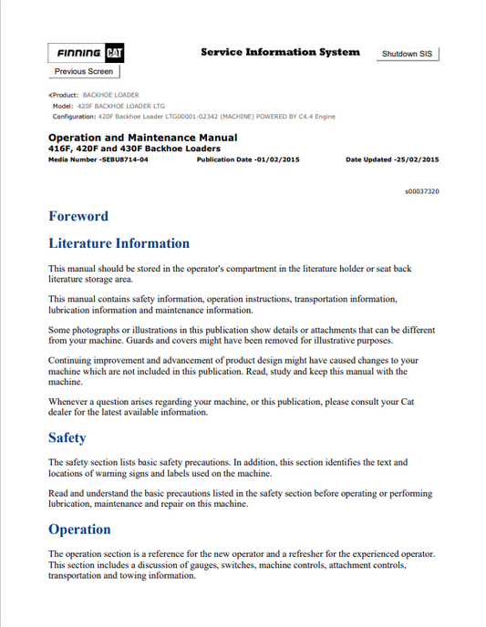 Caterpillar Cat 420F Backhoe Loader Operation and Maintenance Manual PDF | S/N LTG