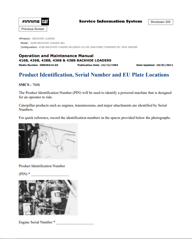 Caterpillar Cat 426B Backhoe Loader Operation and Maintenance Manual PDF | S/N 6KL