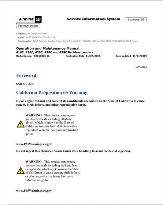 Caterpillar Cat 426C Backhoe Loader Operation and Maintenance Manual PDF | S/N 1YR