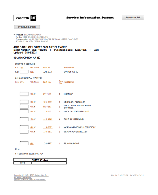 Caterpillar Cat 428B Backhoe Loader Parts Catalogue Manual PDF | S/N 7EJ
