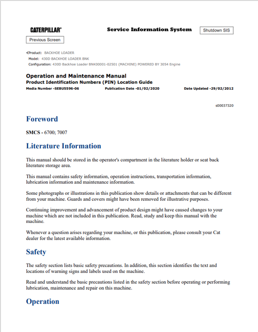 Caterpillar Cat 430D Backhoe Loader Operation and Maintenance Manual PDF | S/N BNK