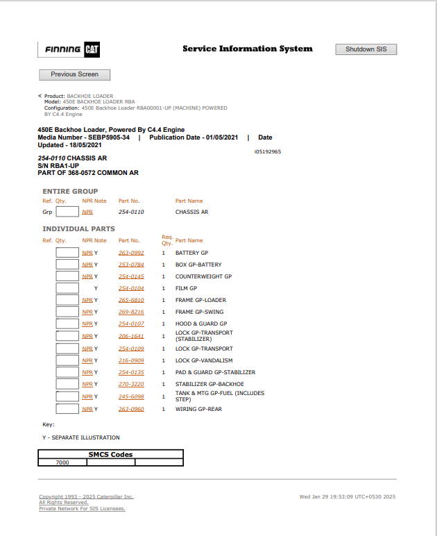 Caterpillar Cat 450E Backhoe Loader Parts Catalogue Manual PDF | S/N RBA