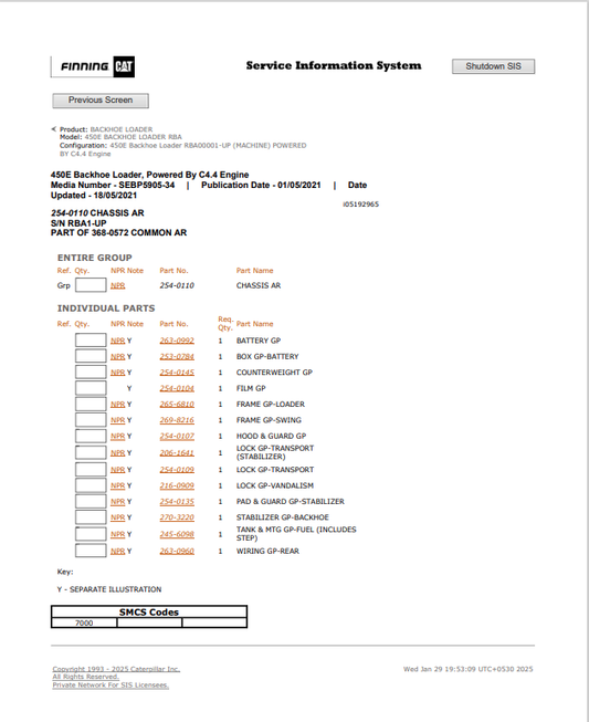 Caterpillar Cat 450E Backhoe Loader Parts Catalogue Manual PDF | S/N RBA