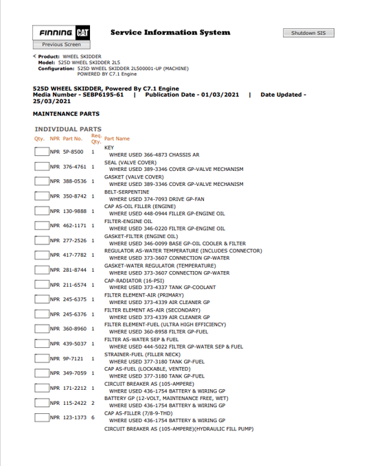 Caterpillar Cat 525D Wheel Skidder Parts Catalogue Manual PDF | S/N 2L5