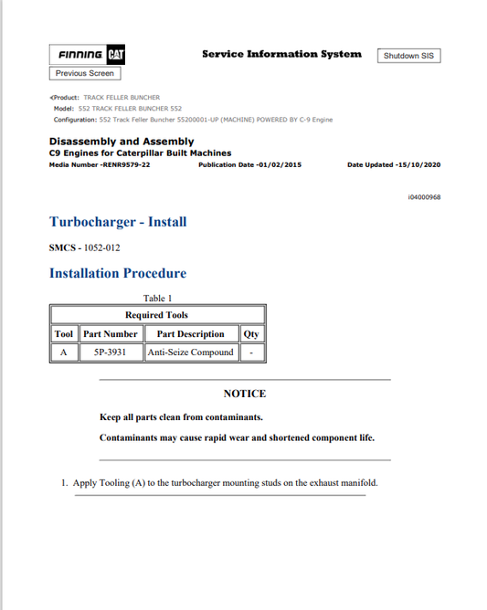 Caterpillar Cat 552 Track Feller Buncher Service and Repair Manual PDF | S/N 552