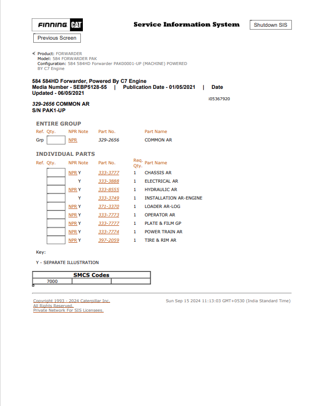 Caterpillar Cat 584 Forwarder Parts Catalogue Manual PDF | S/N PAK